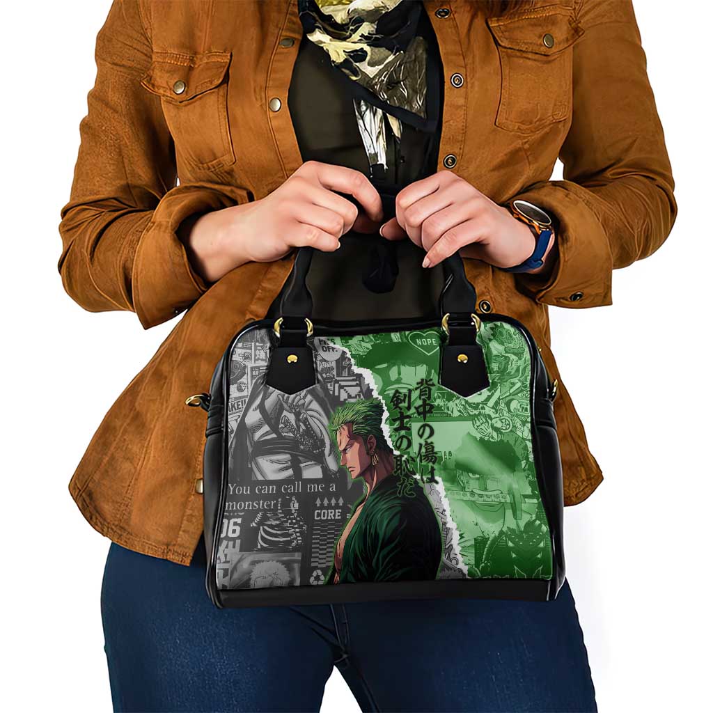 Zoro One Piece Green Theme Shoulder Handbag with Manga Collage and Dual Portrait Swordmaster Design - The Mazicc