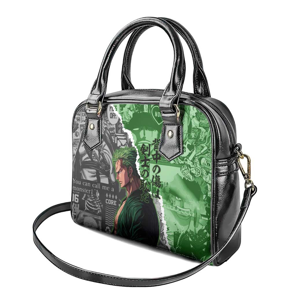 Zoro One Piece Green Theme Shoulder Handbag with Manga Collage and Dual Portrait Swordmaster Design - The Mazicc