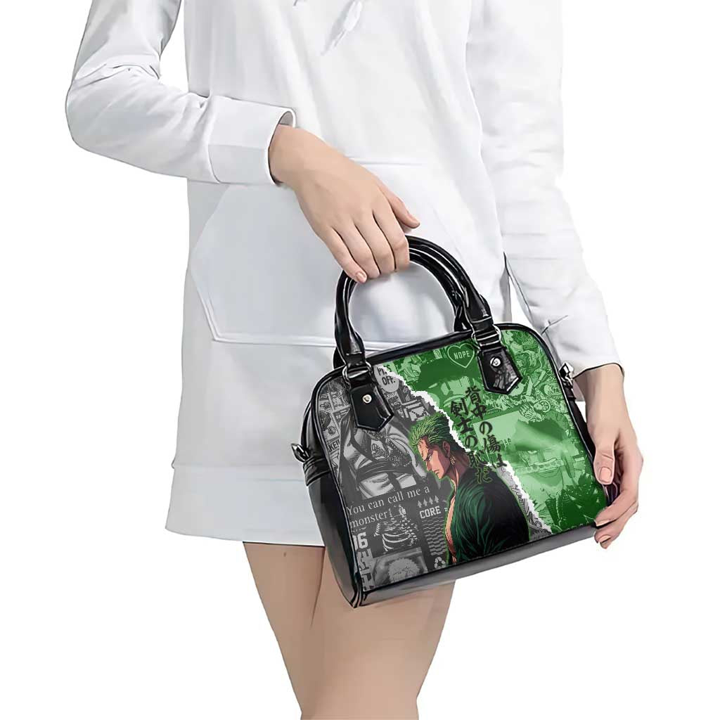 Zoro One Piece Green Theme Shoulder Handbag with Manga Collage and Dual Portrait Swordmaster Design - The Mazicc