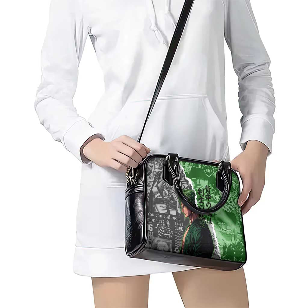 Zoro One Piece Green Theme Shoulder Handbag with Manga Collage and Dual Portrait Swordmaster Design - The Mazicc