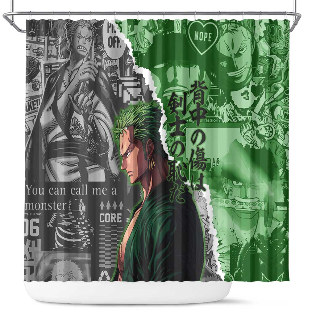 Zoro One Piece Green Theme Shower Curtain with Manga Collage and Dual Portrait Swordmaster Design - The Mazicc