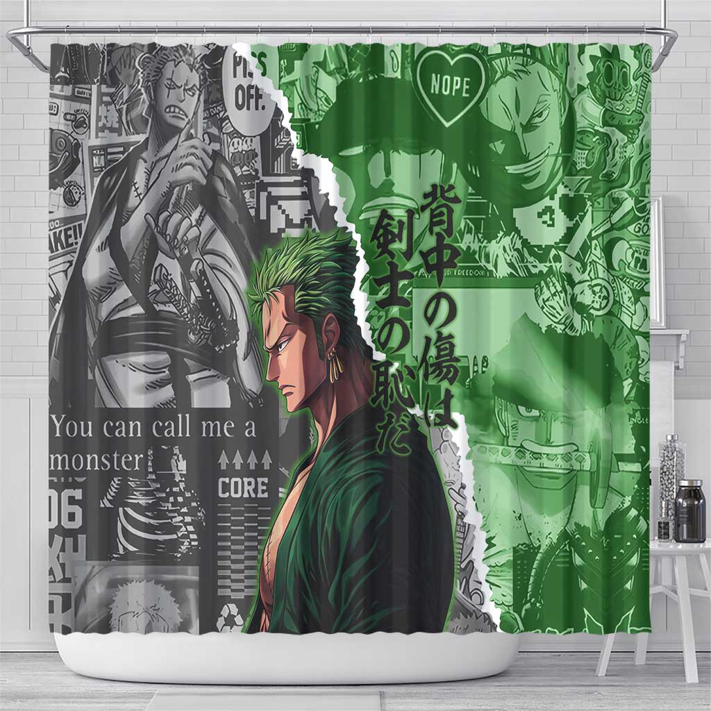 Zoro One Piece Green Theme Shower Curtain with Manga Collage and Dual Portrait Swordmaster Design - The Mazicc