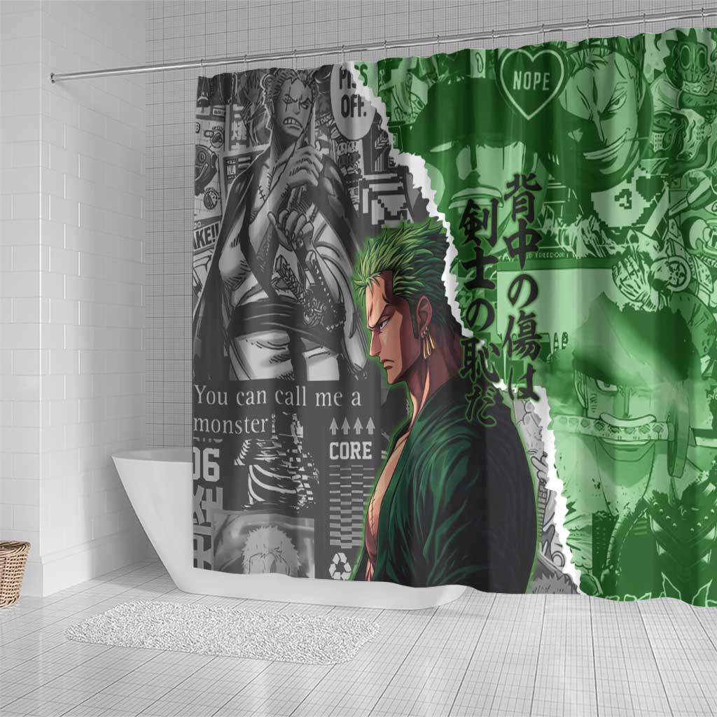 Zoro One Piece Green Theme Shower Curtain with Manga Collage and Dual Portrait Swordmaster Design - The Mazicc