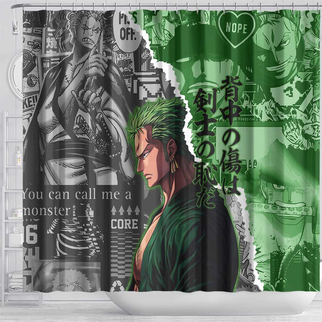 Zoro One Piece Green Theme Shower Curtain with Manga Collage and Dual Portrait Swordmaster Design - The Mazicc