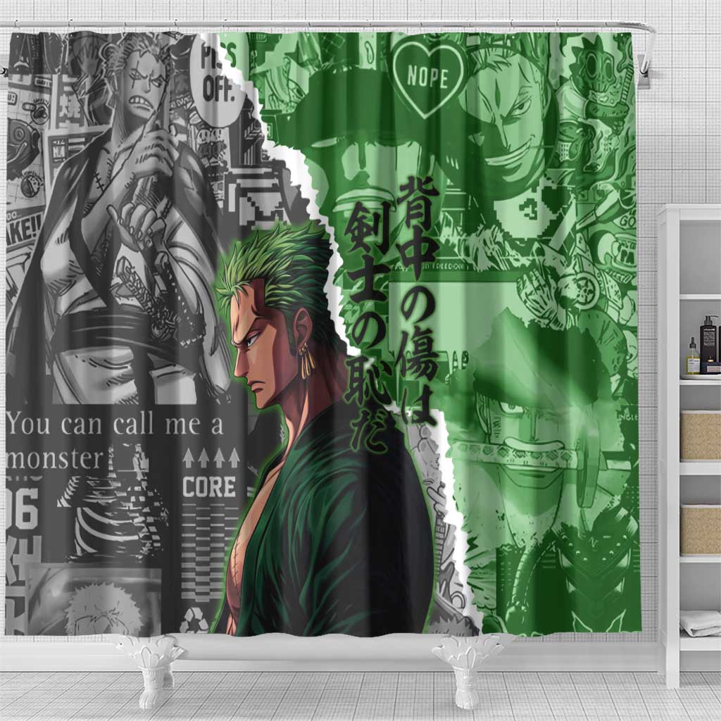 Zoro One Piece Green Theme Shower Curtain with Manga Collage and Dual Portrait Swordmaster Design - The Mazicc
