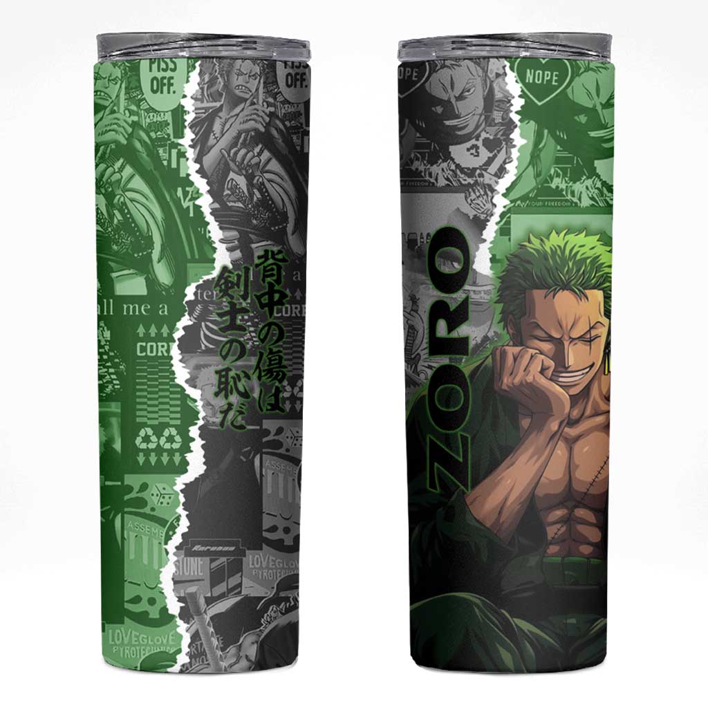 Zoro One Piece Green Theme Skinny Tumbler with Manga Collage and Dual Portrait Swordmaster Design - The Mazicc