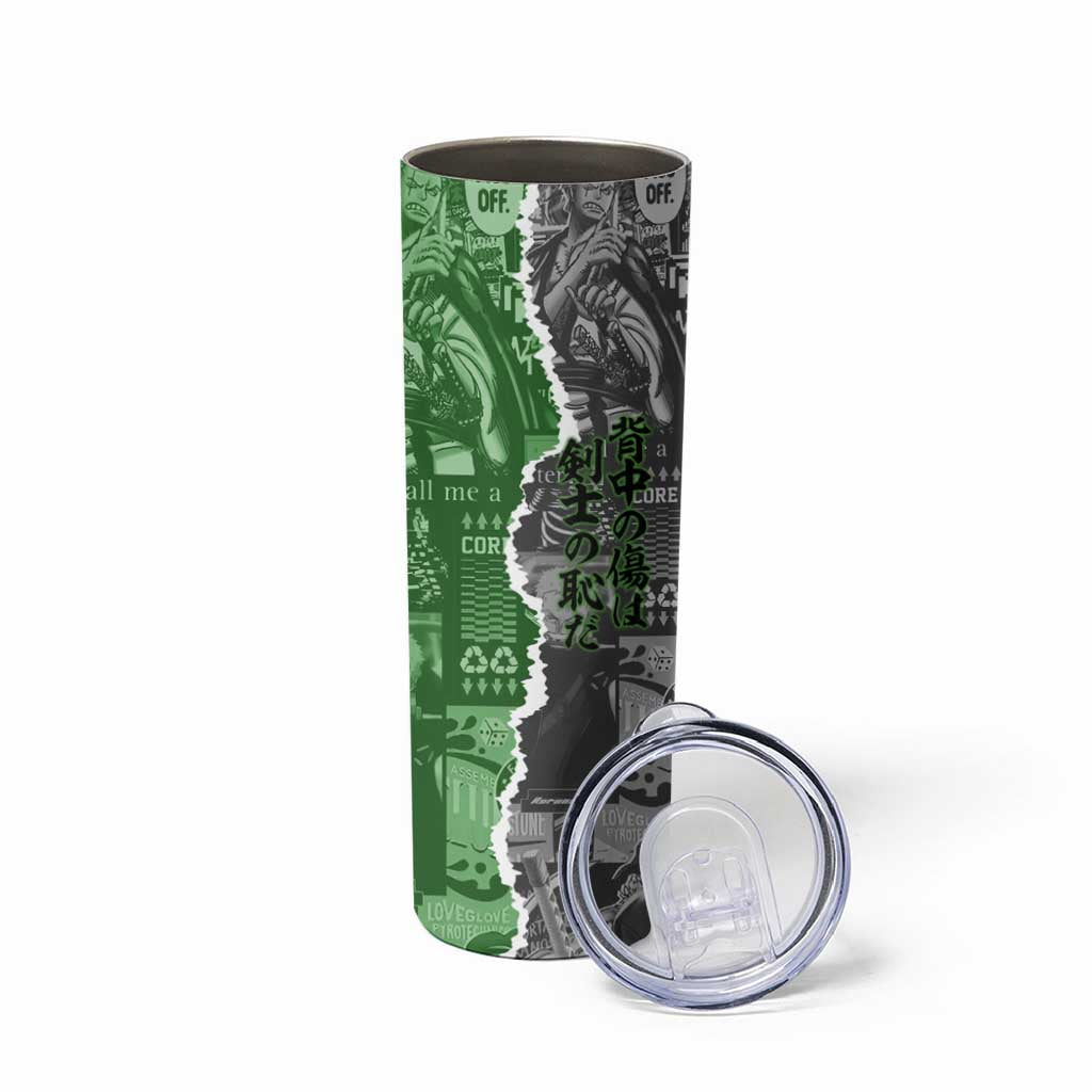Zoro One Piece Green Theme Skinny Tumbler with Manga Collage and Dual Portrait Swordmaster Design - The Mazicc