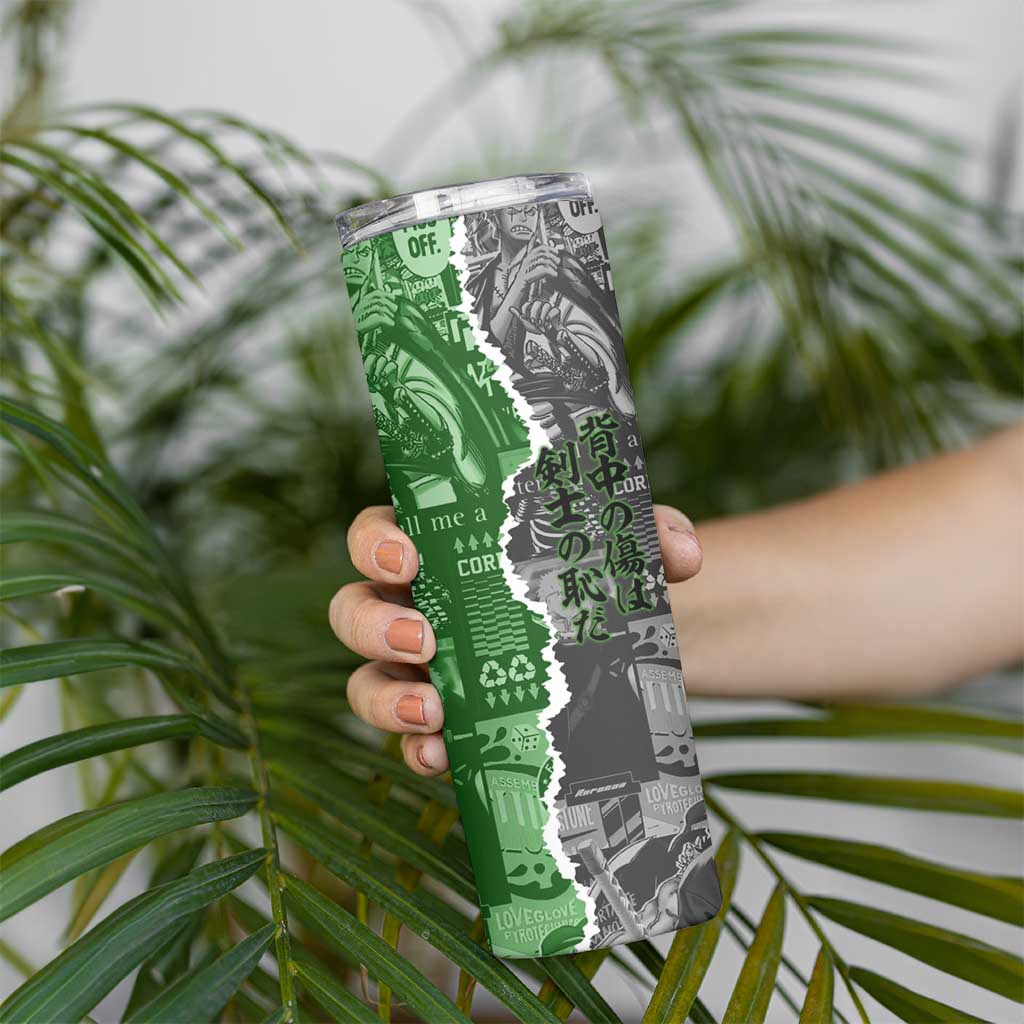 Zoro One Piece Green Theme Skinny Tumbler with Manga Collage and Dual Portrait Swordmaster Design - The Mazicc