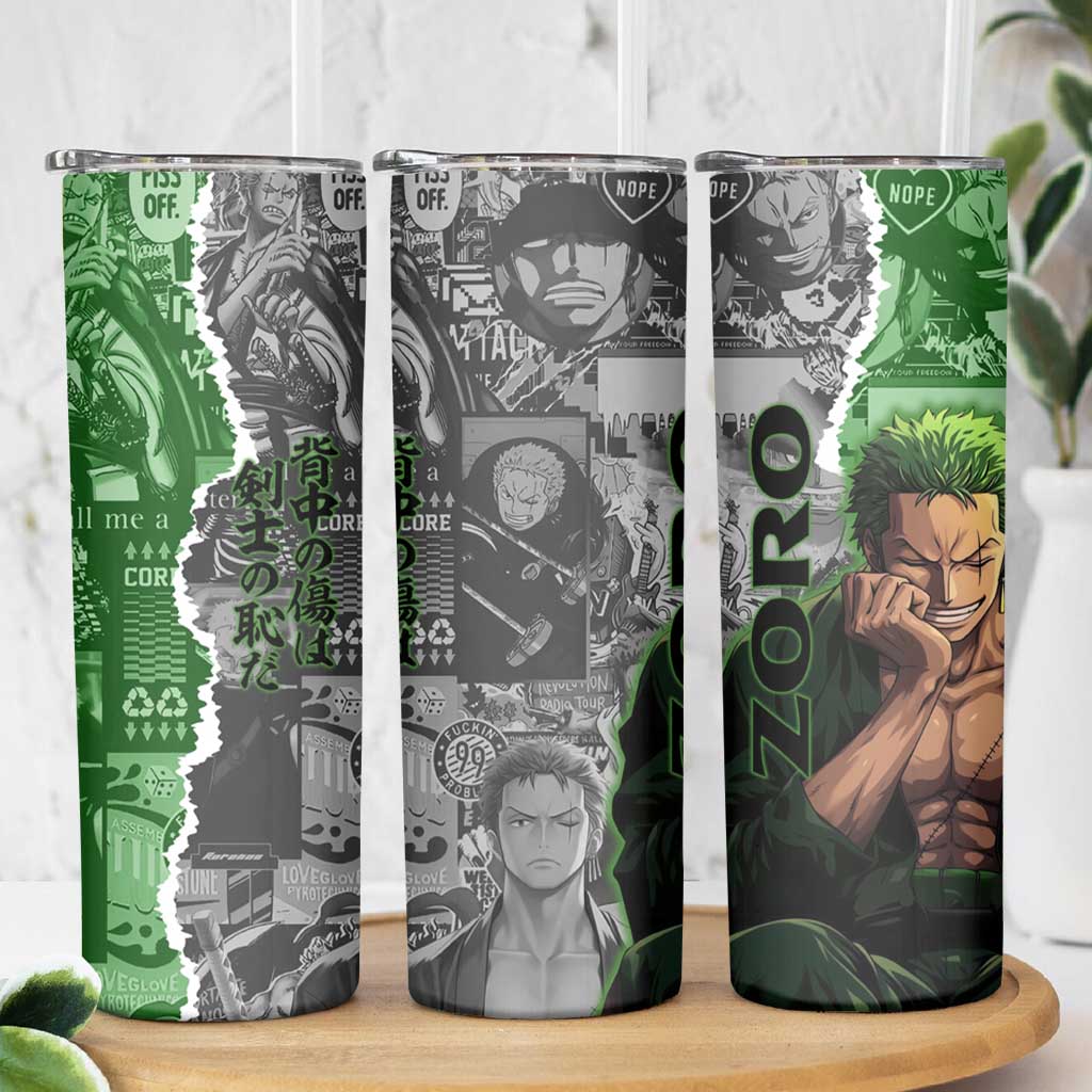 Zoro One Piece Green Theme Skinny Tumbler with Manga Collage and Dual Portrait Swordmaster Design - The Mazicc