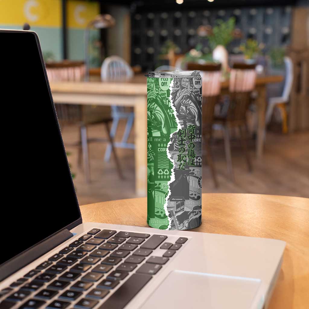 Zoro One Piece Green Theme Skinny Tumbler with Manga Collage and Dual Portrait Swordmaster Design - The Mazicc