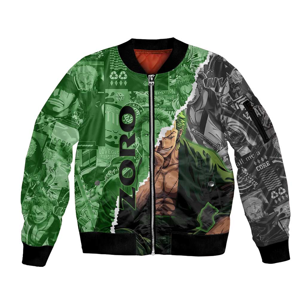 Zoro One Piece Green Theme Sleeve Zip Bomber Jacket with Manga Collage and Dual Portrait Swordmaster Design - The Mazicc
