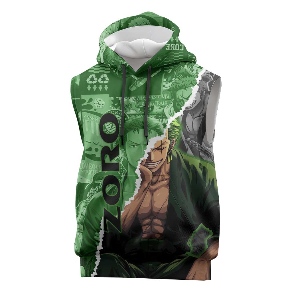 Zoro One Piece Green Theme Sleeveless Hoodie with Manga Collage and Dual Portrait Swordmaster Design - The Mazicc