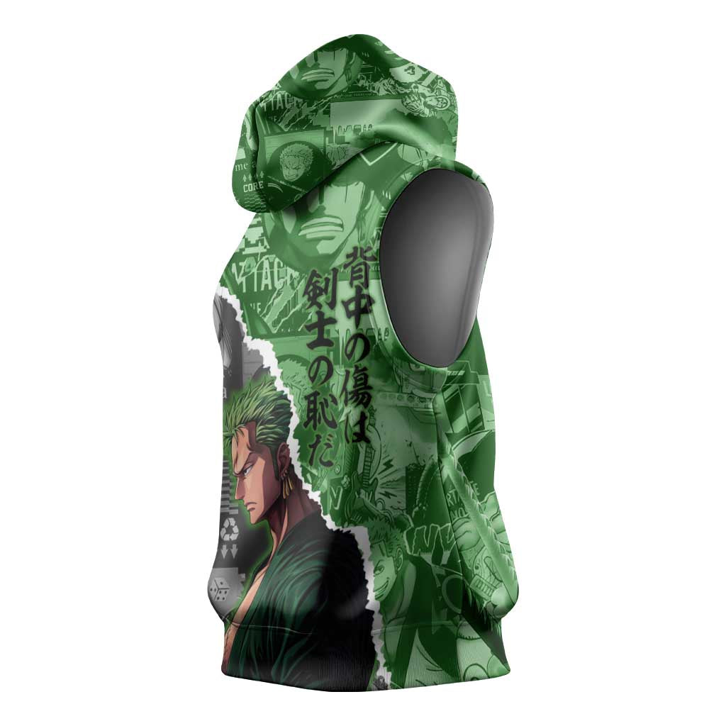 Zoro One Piece Green Theme Sleeveless Hoodie with Manga Collage and Dual Portrait Swordmaster Design - The Mazicc