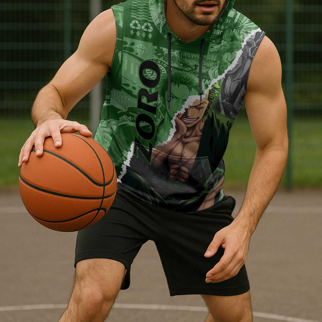 Zoro One Piece Green Theme Sleeveless Hoodie with Manga Collage and Dual Portrait Swordmaster Design - The Mazicc