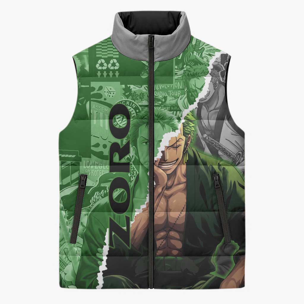 Zoro One Piece Green Theme Sleeveless Puffer Jacket with Manga Collage and Dual Portrait Swordmaster Design - The Mazicc