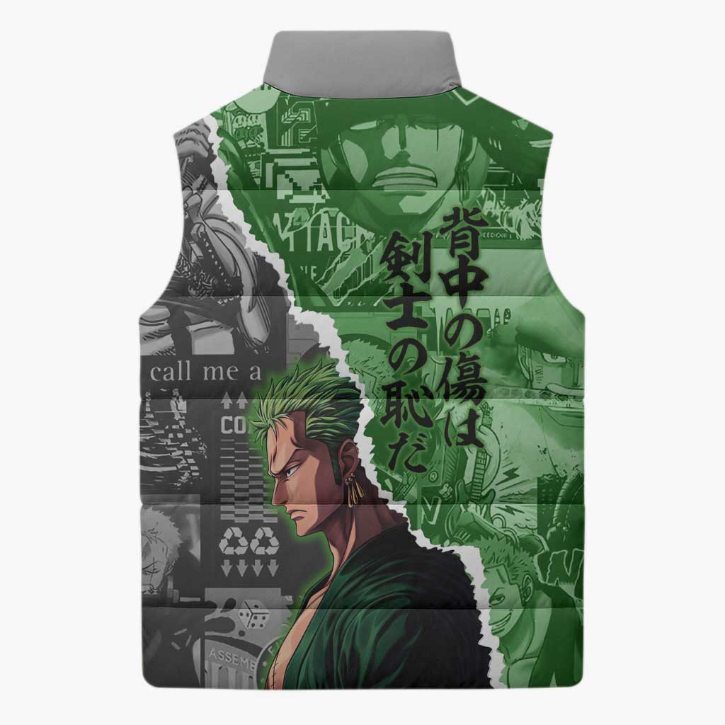 Zoro One Piece Green Theme Sleeveless Puffer Jacket with Manga Collage and Dual Portrait Swordmaster Design - The Mazicc