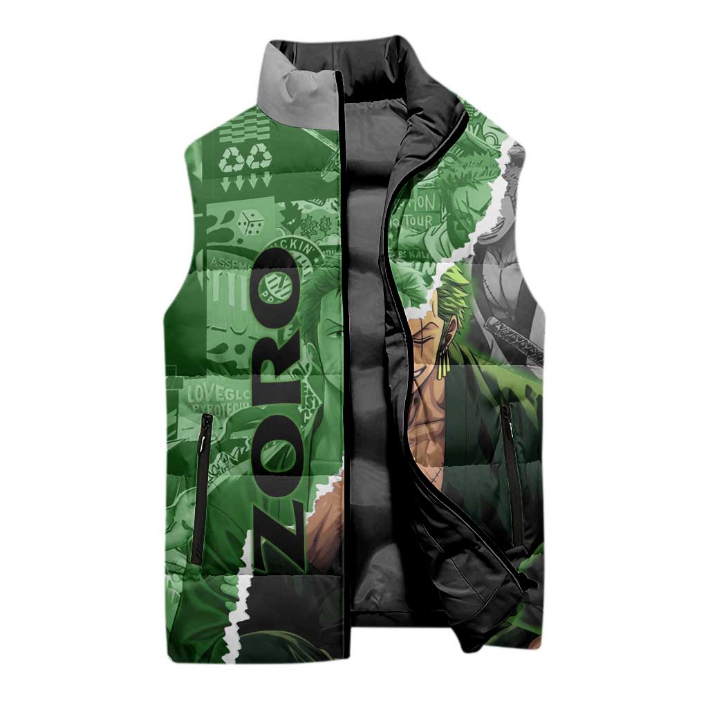 Zoro One Piece Green Theme Sleeveless Puffer Jacket with Manga Collage and Dual Portrait Swordmaster Design - The Mazicc