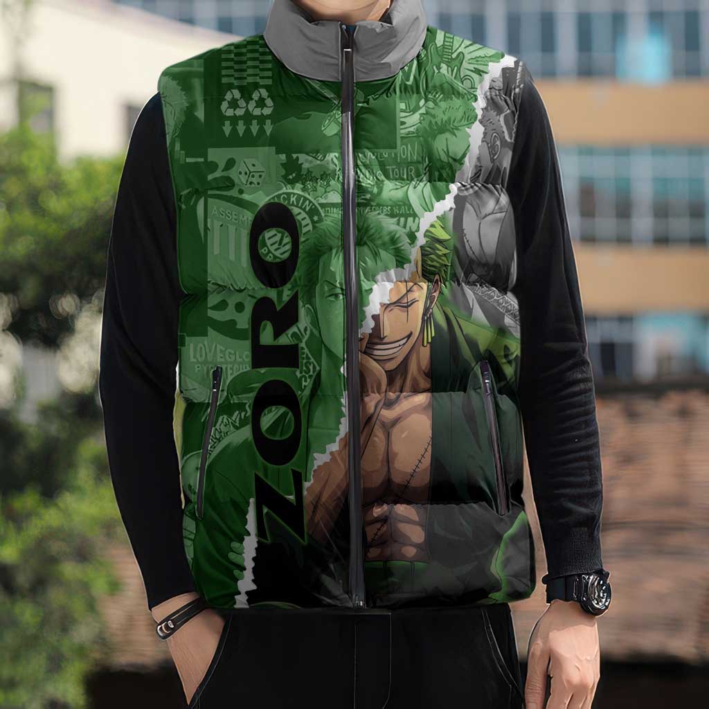 Zoro One Piece Green Theme Sleeveless Puffer Jacket with Manga Collage and Dual Portrait Swordmaster Design - The Mazicc