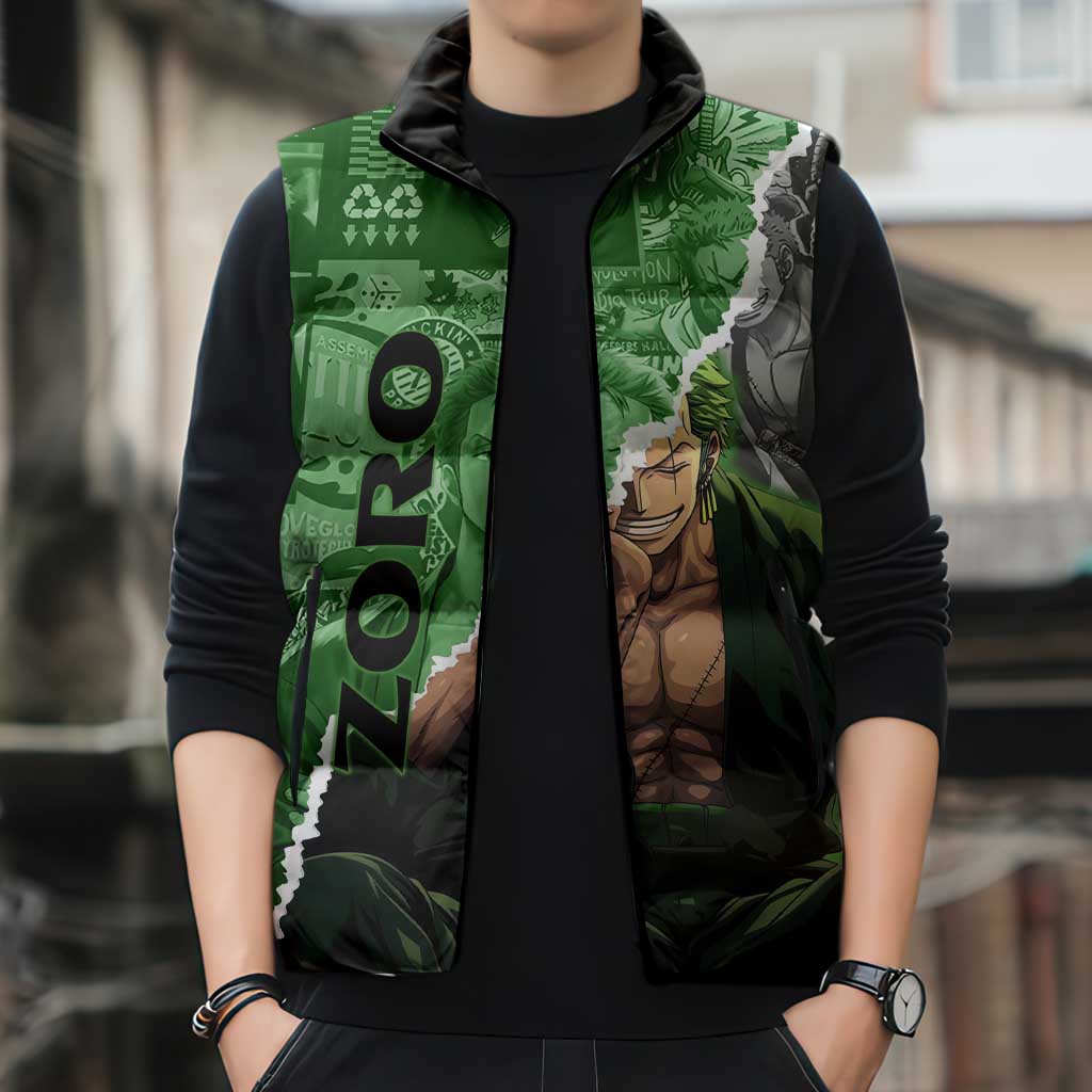 Zoro One Piece Green Theme Sleeveless Puffer Jacket with Manga Collage and Dual Portrait Swordmaster Design - The Mazicc