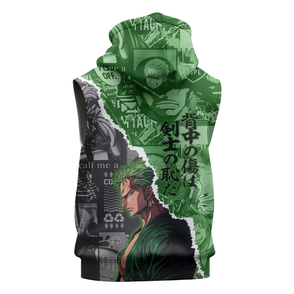 Zoro One Piece Green Theme Sleeveless Zip Hoodie with Manga Collage and Dual Portrait Swordmaster Design - The Mazicc