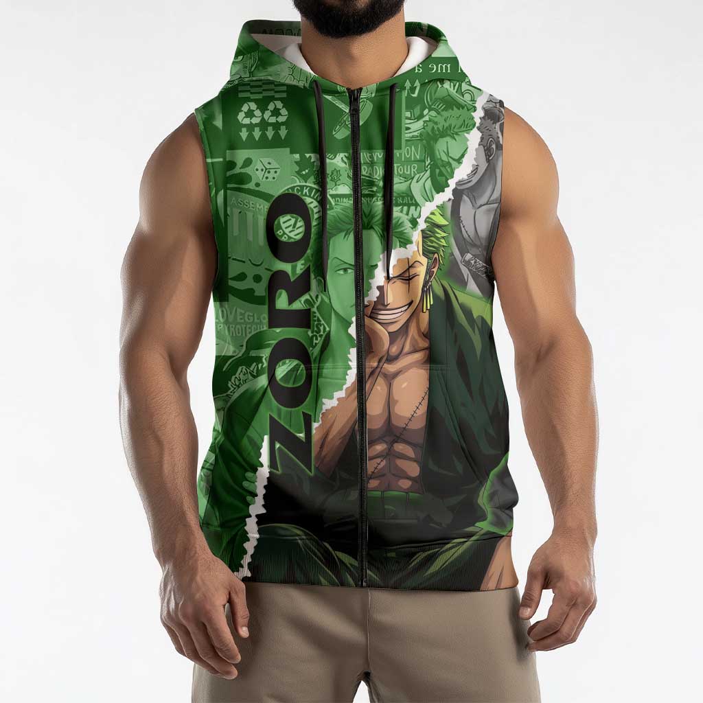 Zoro One Piece Green Theme Sleeveless Zip Hoodie with Manga Collage and Dual Portrait Swordmaster Design - The Mazicc