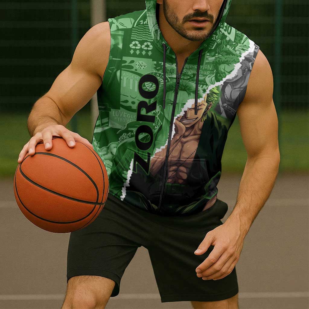 Zoro One Piece Green Theme Sleeveless Zip Hoodie with Manga Collage and Dual Portrait Swordmaster Design - The Mazicc