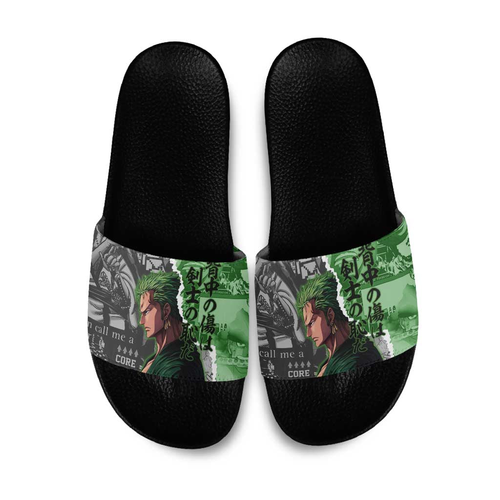 Zoro One Piece Green Theme Slide Sandals with Manga Collage and Dual Portrait Swordmaster Design - The Mazicc