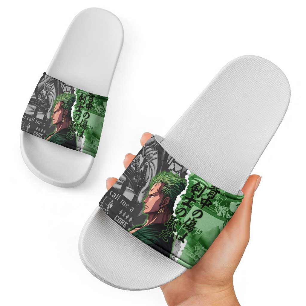 Zoro One Piece Green Theme Slide Sandals with Manga Collage and Dual Portrait Swordmaster Design - The Mazicc