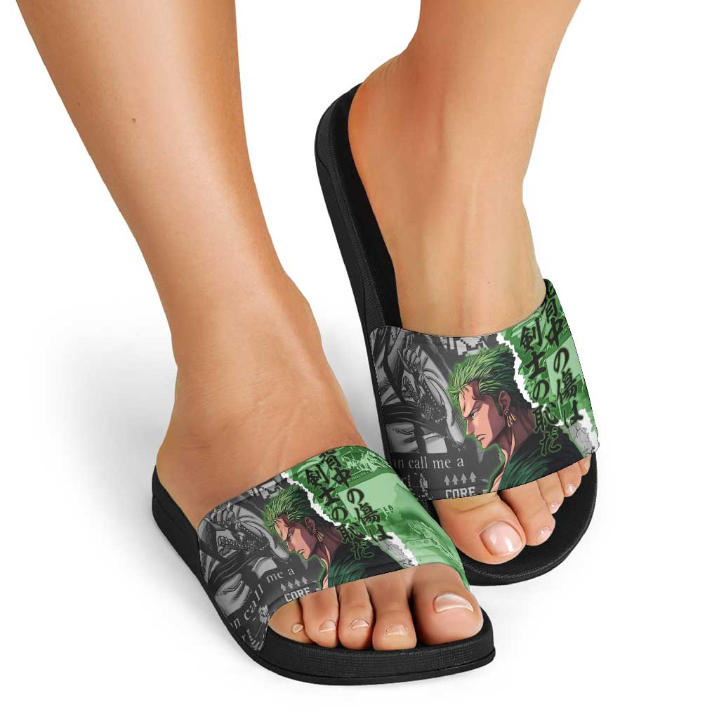 Zoro One Piece Green Theme Slide Sandals with Manga Collage and Dual Portrait Swordmaster Design - The Mazicc