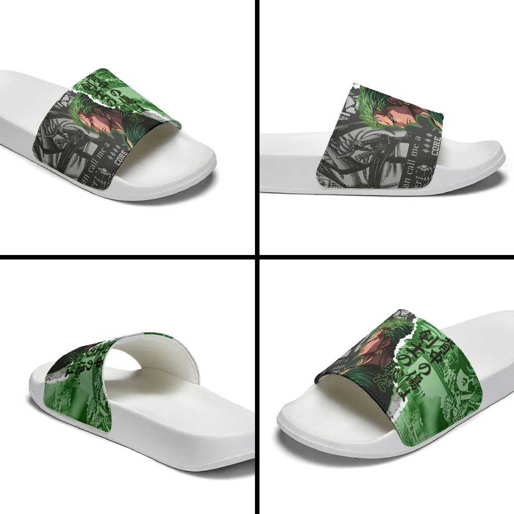 Zoro One Piece Green Theme Slide Sandals with Manga Collage and Dual Portrait Swordmaster Design - The Mazicc