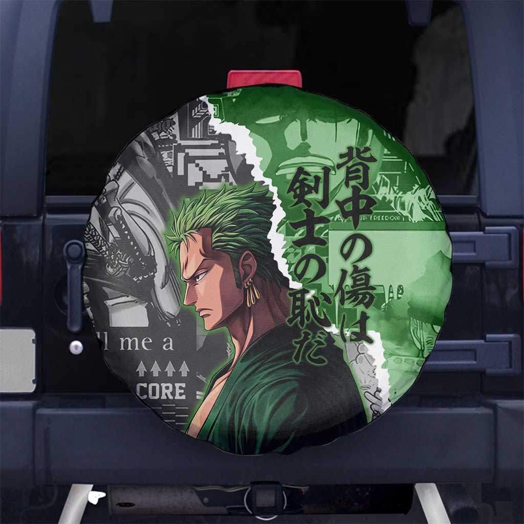 Zoro One Piece Green Theme Spare Tire Cover with Manga Collage and Dual Portrait Swordmaster Design - The Mazicc