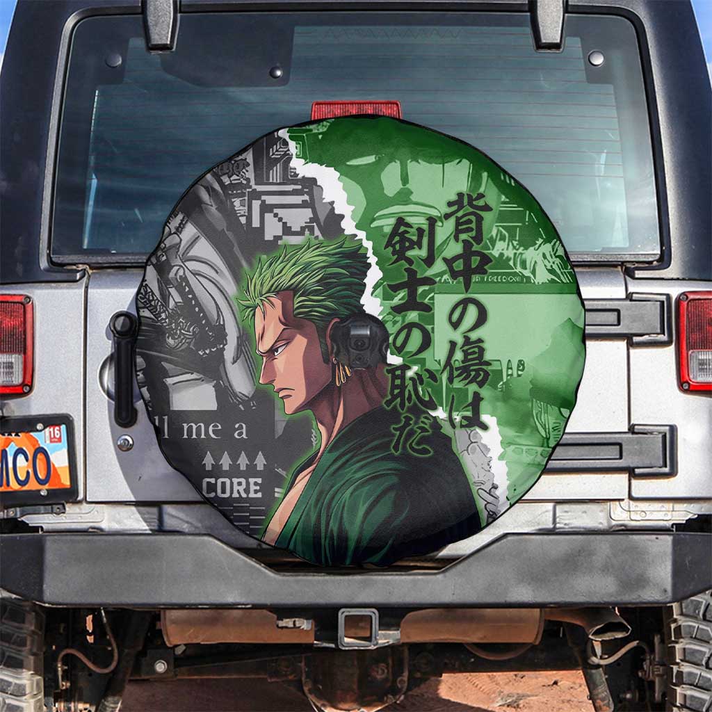 Zoro One Piece Green Theme Spare Tire Cover with Manga Collage and Dual Portrait Swordmaster Design - The Mazicc