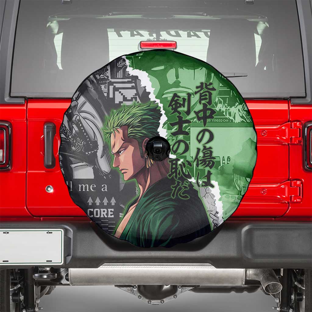 Zoro One Piece Green Theme Spare Tire Cover with Manga Collage and Dual Portrait Swordmaster Design - The Mazicc