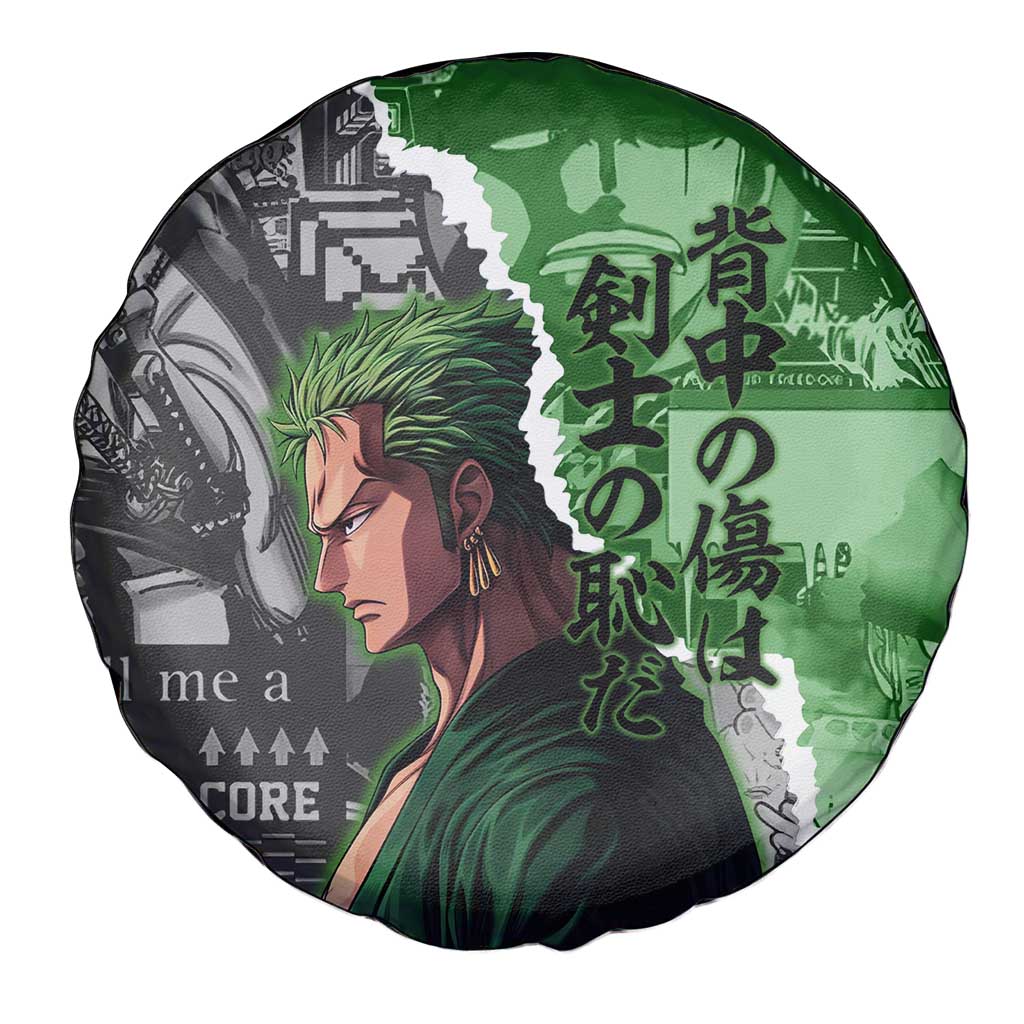 Zoro One Piece Green Theme Spare Tire Cover with Manga Collage and Dual Portrait Swordmaster Design - The Mazicc