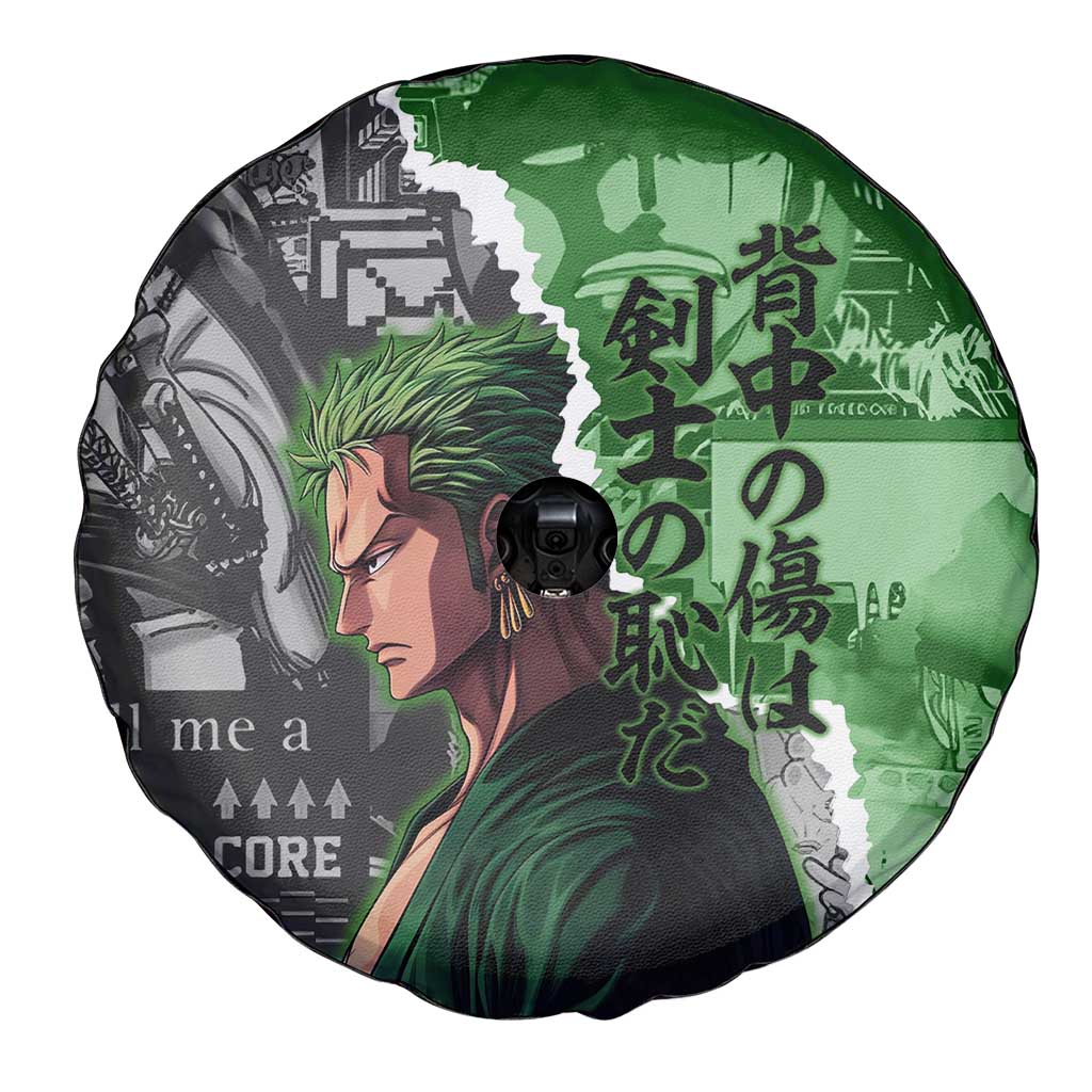 Zoro One Piece Green Theme Spare Tire Cover with Manga Collage and Dual Portrait Swordmaster Design - The Mazicc