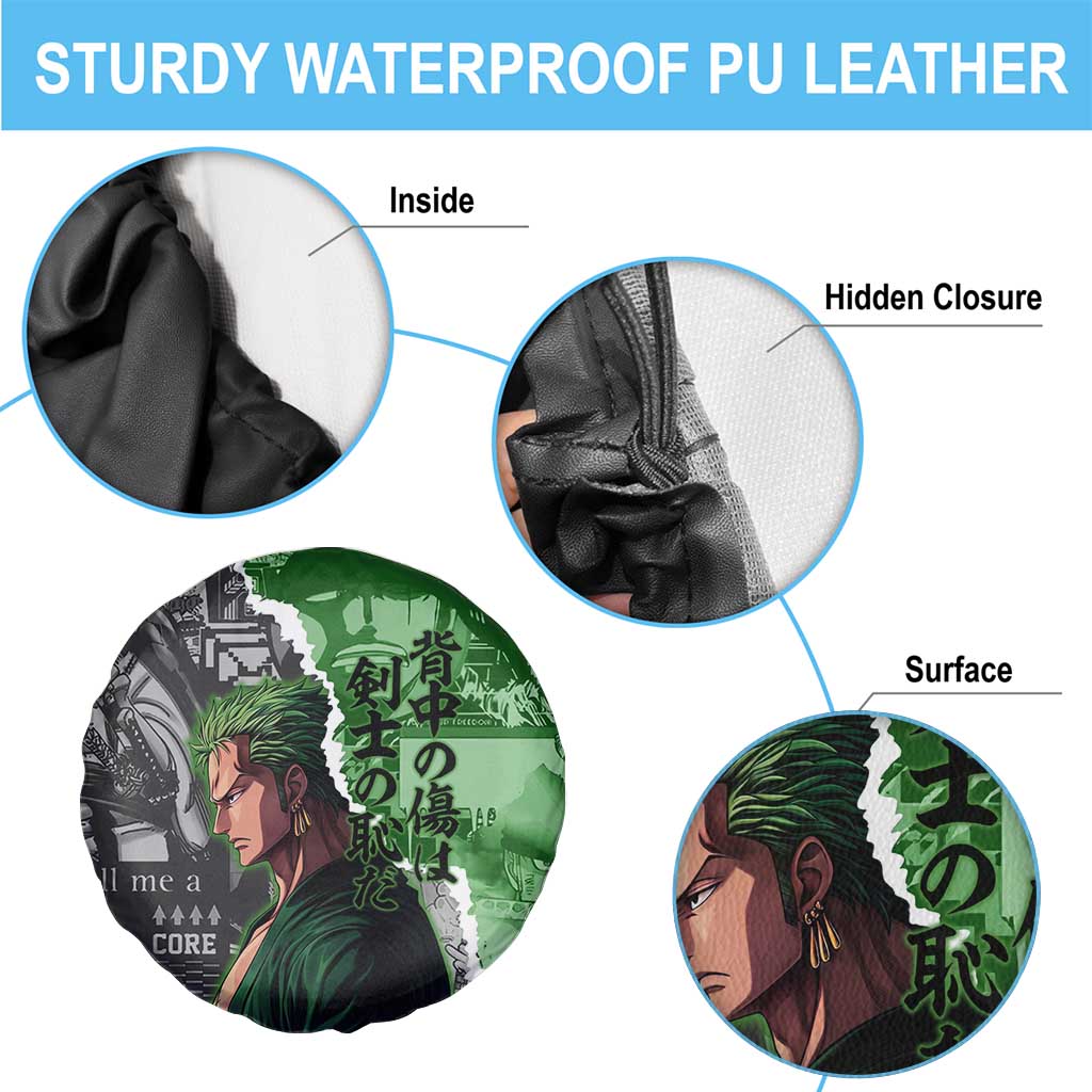Zoro One Piece Green Theme Spare Tire Cover with Manga Collage and Dual Portrait Swordmaster Design - The Mazicc