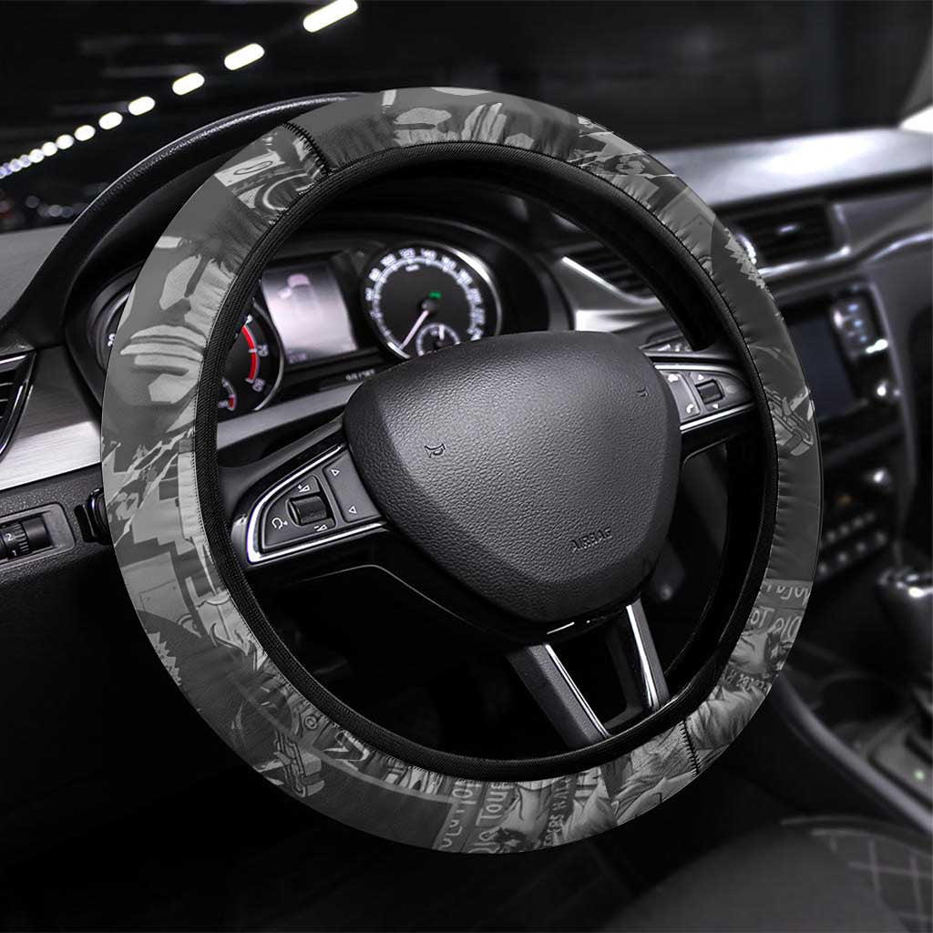 Zoro One Piece Green Theme Steering Wheel Cover with Manga Collage and Dual Portrait Swordmaster Design - The Mazicc
