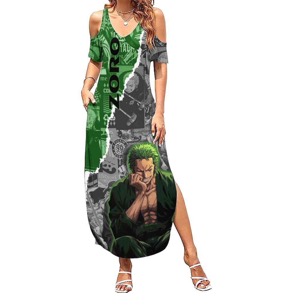 Zoro One Piece Green Theme Summer Maxi Dress with Manga Collage and Dual Portrait Swordmaster Design - The Mazicc