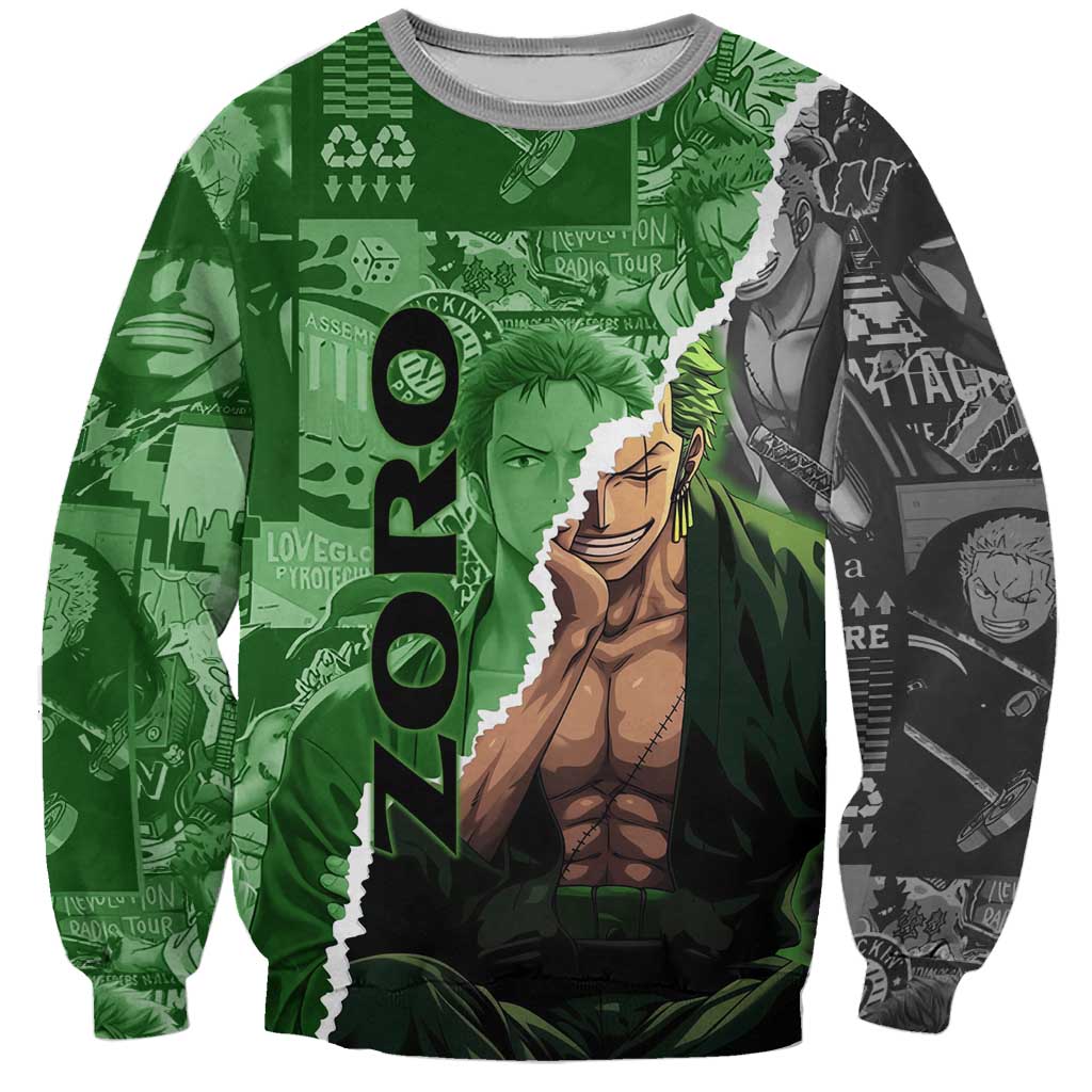 Zoro One Piece Green Theme Sweatshirt with Manga Collage and Dual Portrait Swordmaster Design - The Mazicc