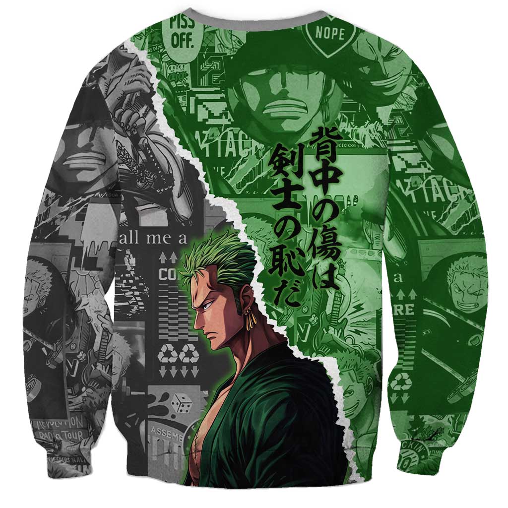 Zoro One Piece Green Theme Sweatshirt with Manga Collage and Dual Portrait Swordmaster Design - The Mazicc