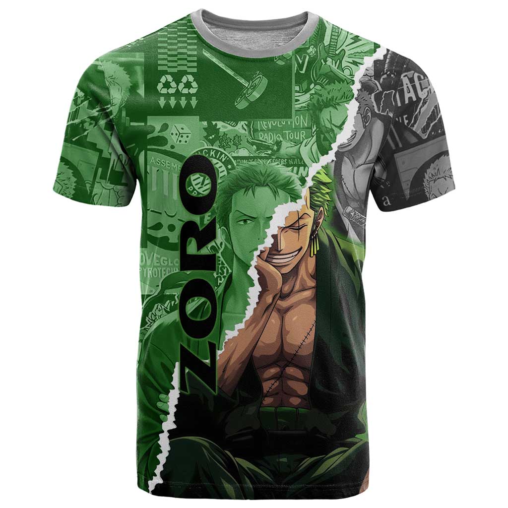 Zoro One Piece Green Theme T Shirt with Manga Collage and Dual Portrait Swordmaster Design - The Mazicc