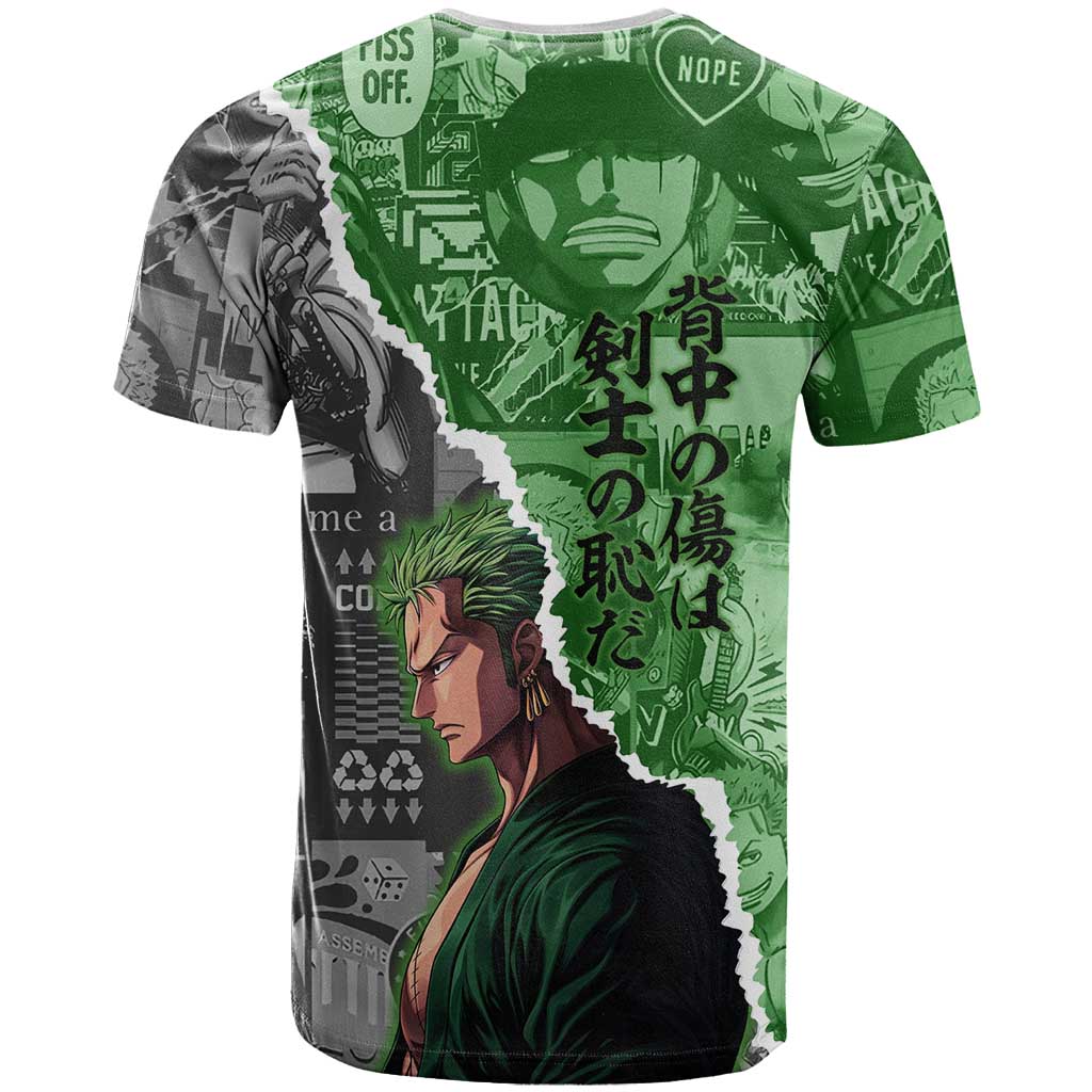 Zoro One Piece Green Theme T Shirt with Manga Collage and Dual Portrait Swordmaster Design - The Mazicc