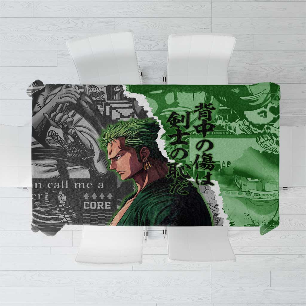 Zoro One Piece Green Theme Tablecloth with Manga Collage and Dual Portrait Swordmaster Design - The Mazicc