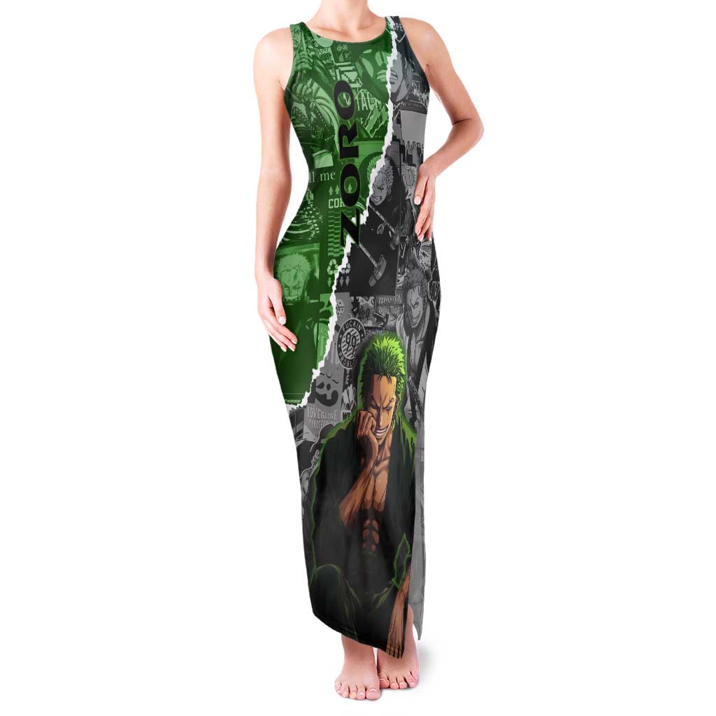 Zoro One Piece Green Theme Tank Maxi Dress with Manga Collage and Dual Portrait Swordmaster Design - The Mazicc