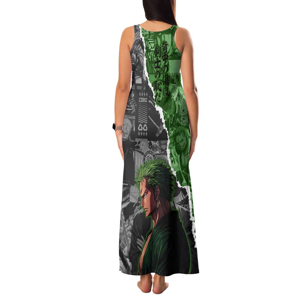 Zoro One Piece Green Theme Tank Maxi Dress with Manga Collage and Dual Portrait Swordmaster Design - The Mazicc