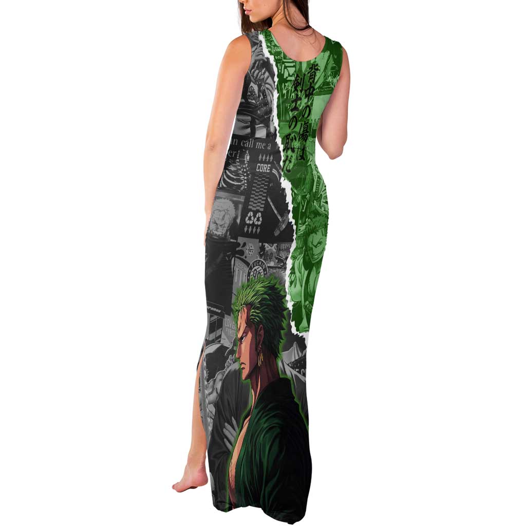 Zoro One Piece Green Theme Tank Maxi Dress with Manga Collage and Dual Portrait Swordmaster Design - The Mazicc