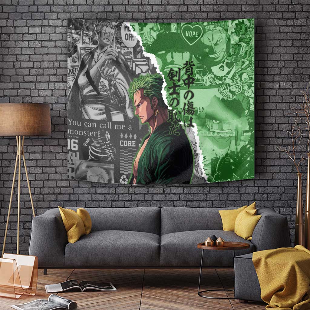 Zoro One Piece Green Theme Tapestry with Manga Collage and Dual Portrait Swordmaster Design - The Mazicc