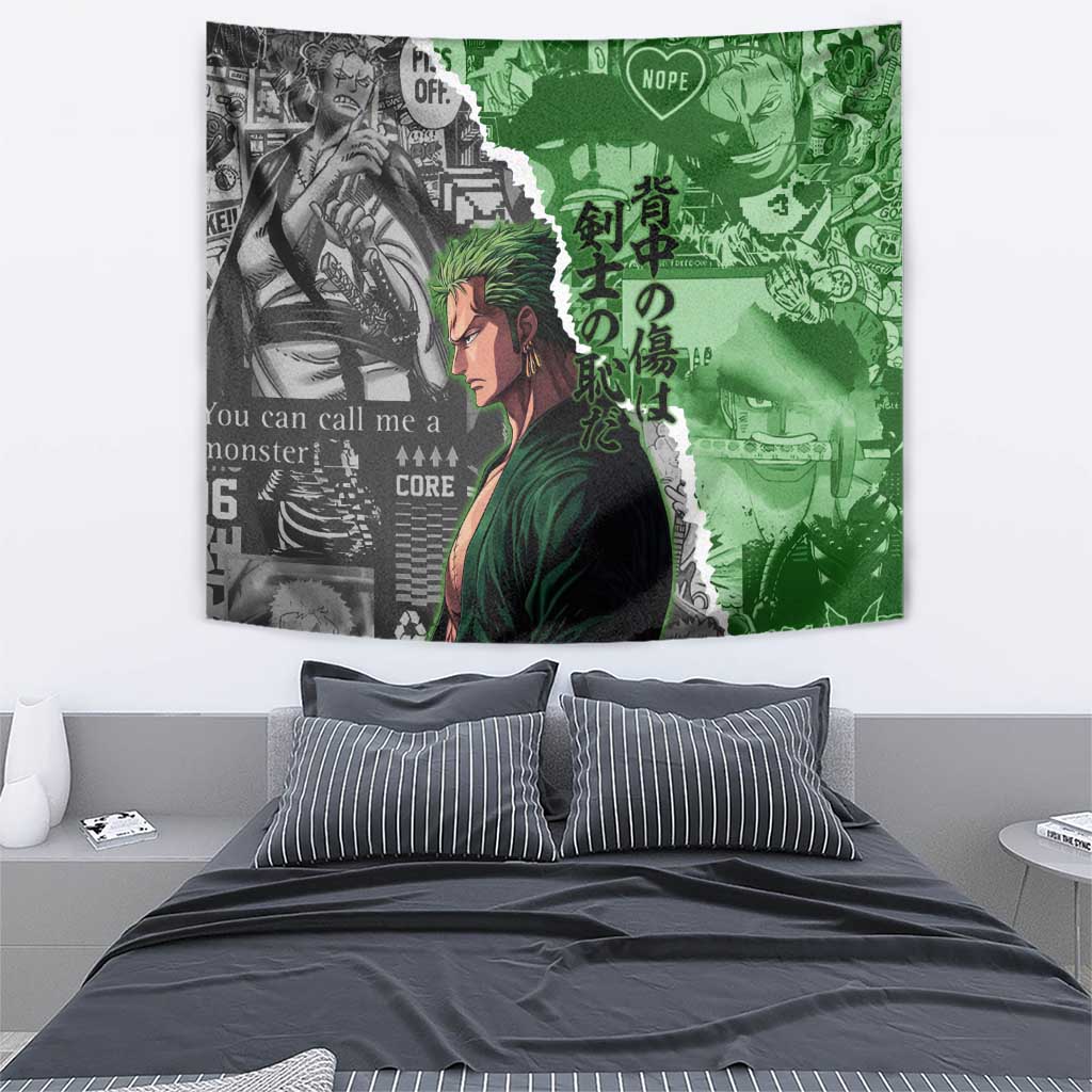 Zoro One Piece Green Theme Tapestry with Manga Collage and Dual Portrait Swordmaster Design - The Mazicc