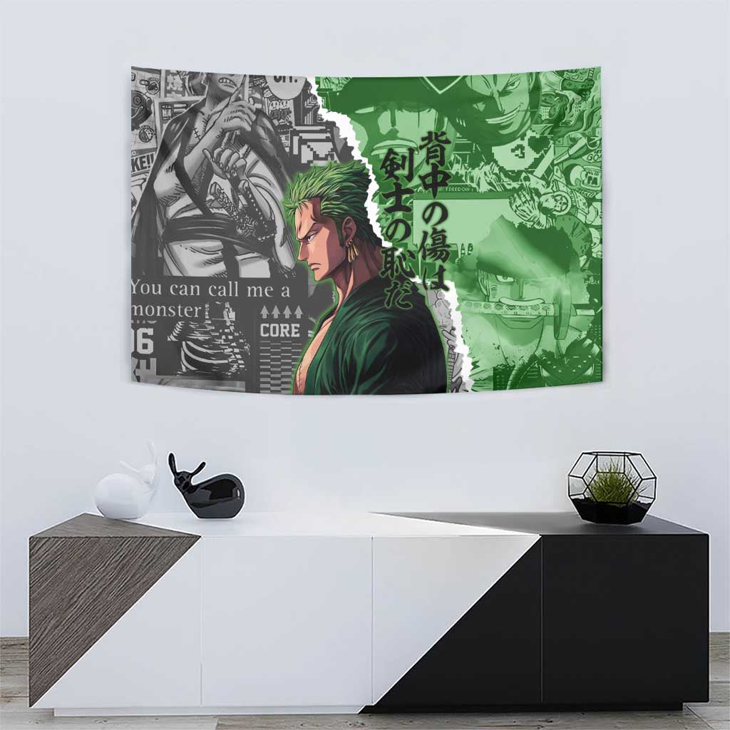 Zoro One Piece Green Theme Tapestry with Manga Collage and Dual Portrait Swordmaster Design - The Mazicc