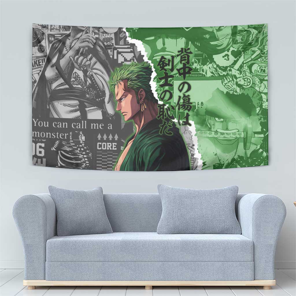Zoro One Piece Green Theme Tapestry with Manga Collage and Dual Portrait Swordmaster Design - The Mazicc